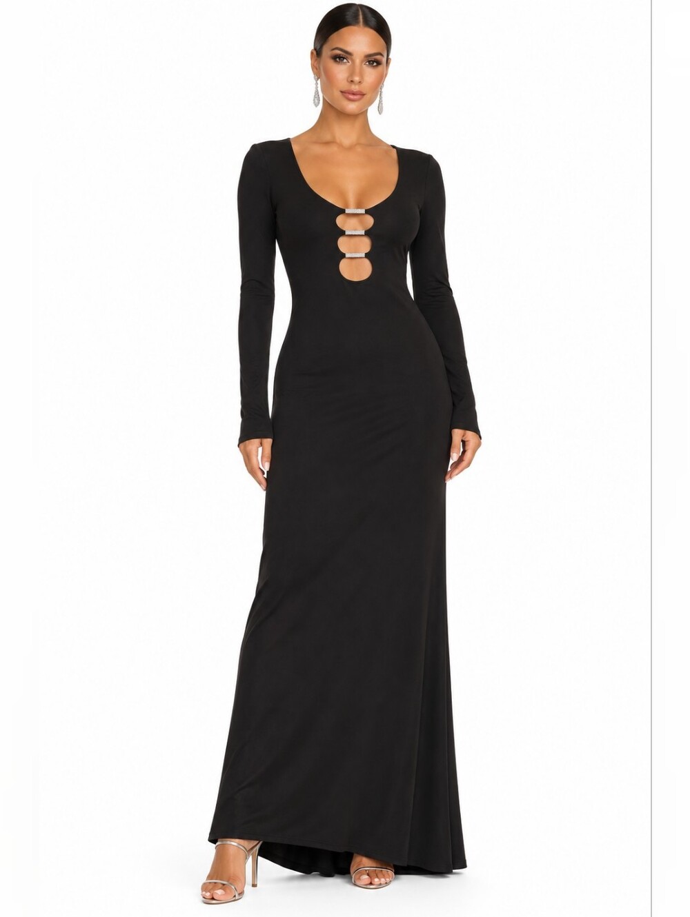 Alice + Olivia Kalena Crystal Cutout Maxi Dress Black Size 10 NWT $550